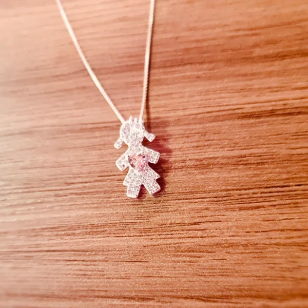 Corrente Menina na prata com pedra rosa zirconia